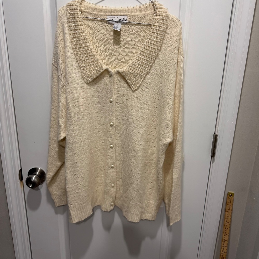 Victoria Holley Womens Cardigan Pearl Embellished Cream 2X Silk Wool Angora